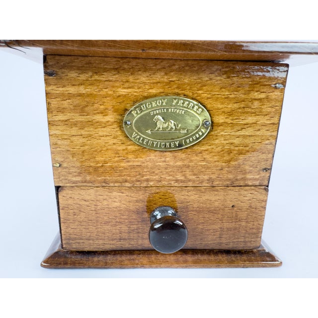 Antique French Peugeot Frères Wooden Coffee Grinder With Gold-Tone Hopper – Early 20th Century For Sale - Image 4 of 16