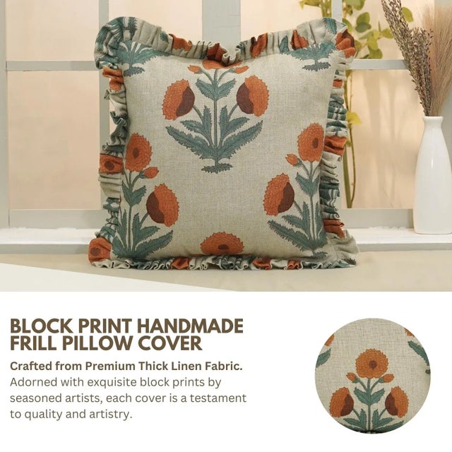 * Block print cushion cover – Hand-stamped using traditional printing methods. * Thick linen fabric – Durable, breathable,...