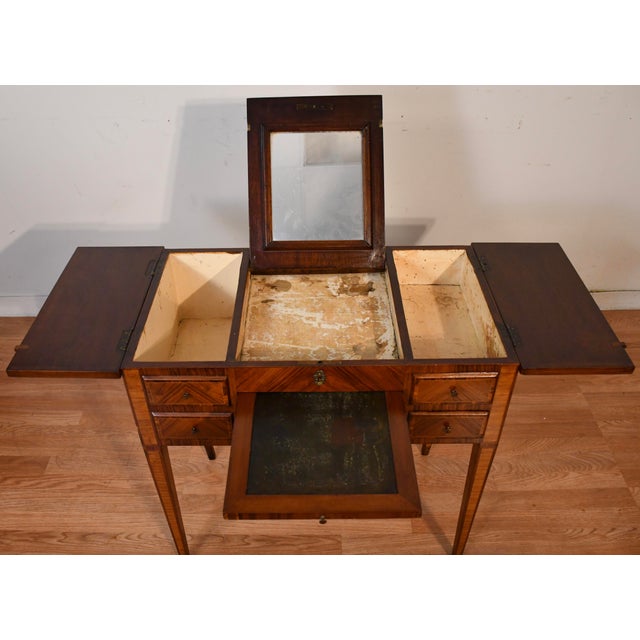 Wood 1890 Antique French Louis XVI Satinwood & Walnut Inlaid Makeup Vanity Ladies Desk For Sale - Image 7 of 17