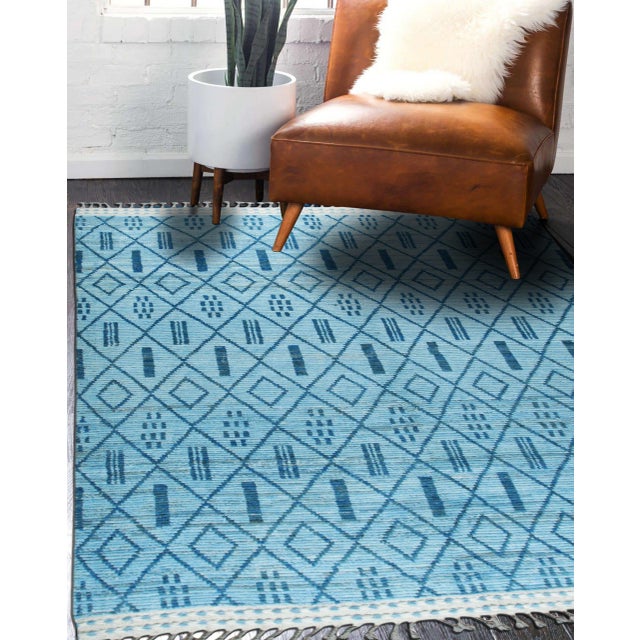 Sky Blue 12x15 Stylish Marrakech Blue Tribal Geometric Modern HandKnotted Wool Carpet Rug For Sale - Image 8 of 8