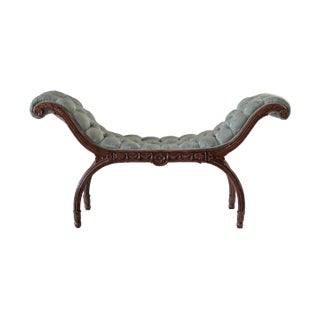 French Bench Antique Hand Carved Detail With Tufted Upholstery For Sale