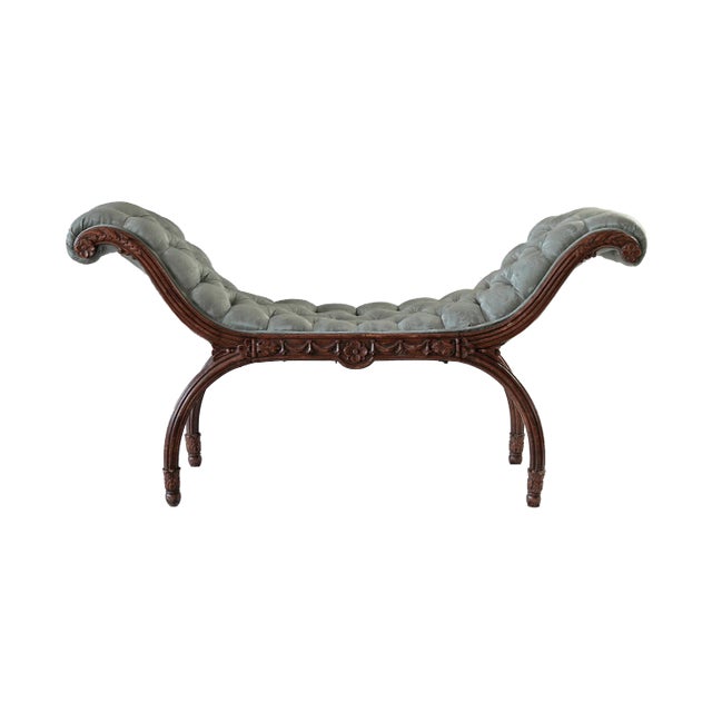 French Bench Antique Hand Carved Detail With Tufted Upholstery For Sale