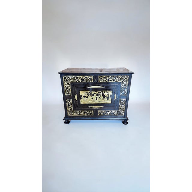Coin cabinet with flap made of ebonized walnut and inlaid with boxwood and rosewood in the style of Ambito Pogliani (a...
