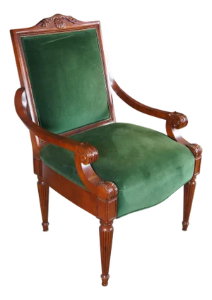 Vintage French Empire Style Birch Upholstered Library Accent Arm Chair Green
