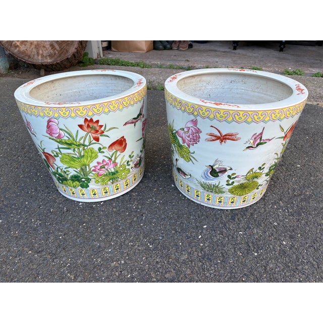 Late 19th Century Pair Late 19th Century Famille Rose Lotus Pond Jardinieres For Sale - Image 5 of 15