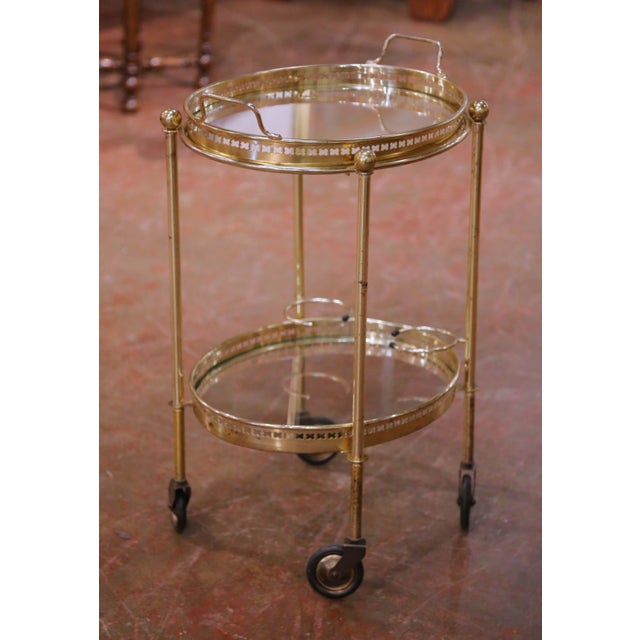Mid-Century French Brass and Glass Two-Tier Bar Cart on Casters For Sale - Image 10 of 10