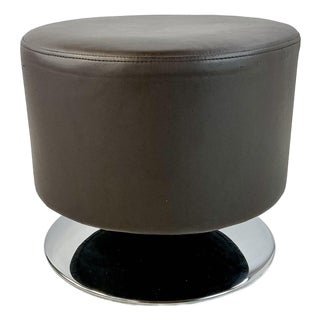 Contemporary Modern Italian Brown Faux Leather With Chrome Pedestal Base Low Stool. For Sale