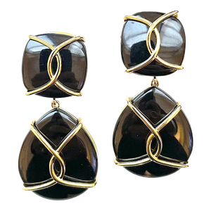 Christina Addison Large 18kt Yellow Gold Onyx Cushion and Pear Shaped Drop Earrings With Twisted Gold Detail
