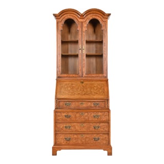 John Stuart Georgian Burl Wood Drop Front Secretary Desk With Bookcase Hutch For Sale