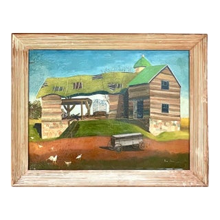 Vintage Signed American Folk Art Farm Landscape Oil Painting For Sale