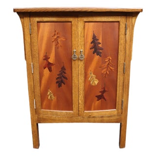 Mission Arts & Crafts Style Quarter-Sawn Oak Media Cabinet With Emile Gallé Inspired Marquetry Inlay For Sale