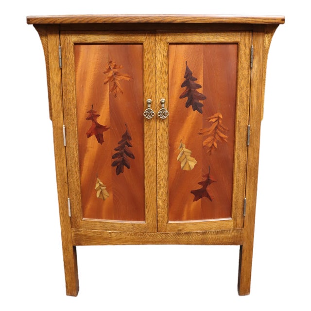 Mission Arts & Crafts Style Quarter-Sawn Oak Media Cabinet With Emile Gallé Inspired Marquetry Inlay For Sale