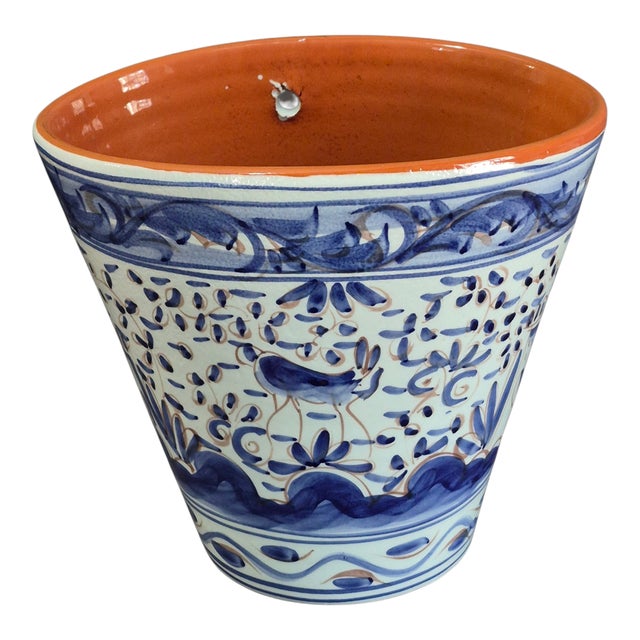 Late 20th Century Hand Painted Glazed Terra-Cotta Wall Planter Blue Bird Motif Made in Portugal For Sale - Image 10 of 10