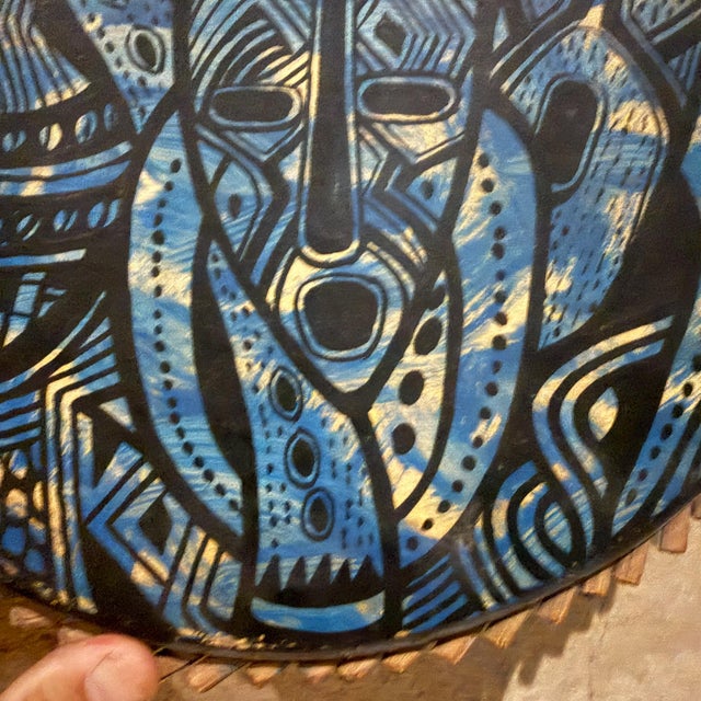 Wood 1970s Modern Pottery Art Blue Tambourine Goatskin and Wood Joseph Amedokpo For Sale - Image 7 of 9