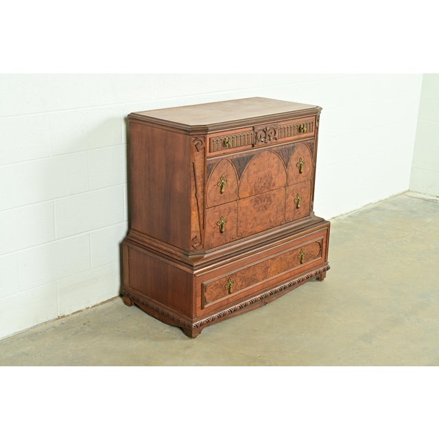 Berkey & Gay Berkey & Gay Style Antique Victorian Carved Walnut and Burl Wood Chest of Drawers | Circa 1930s For Sale - Image 4 of 15