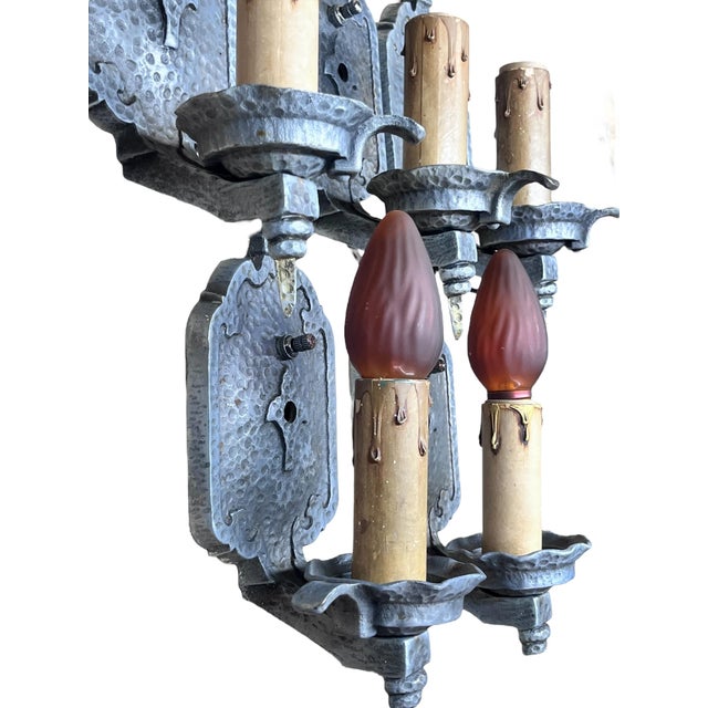 Metal 1910s Bare Bulb 4 + 1 Hammered Wall Sconces Storybook or Spanish Revival Mission Style #2598 For Sale - Image 7 of 14