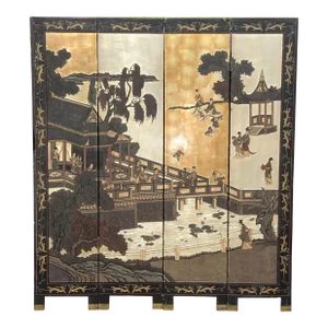 Vtg Oriental Asian Gold Leaf Coromandel Four Panel Screen Room Divider Geishas