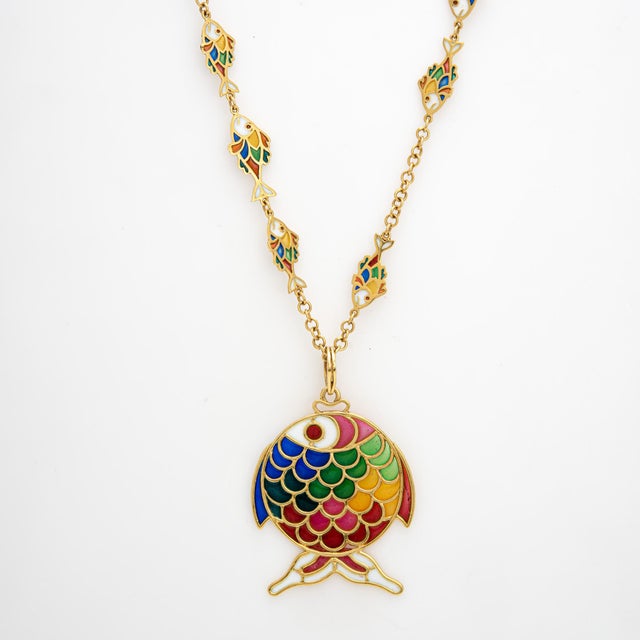 Modern Vintage Plique a Jour Fish Necklace 18k Yellow Gold 26" Chain For Sale - Image 3 of 4