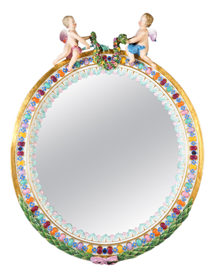 Large Oval Wall Mirror with Winged Cupids from Meissen, 1860