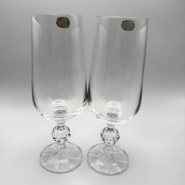 Late 20th Century Late 20th Century Bohemia Czech Lead Crystal Wine Ice Tea Beer Goblets Pair Faceted Stem Heavy Clear Glass - a Pair For Sale - Image 5 of 12