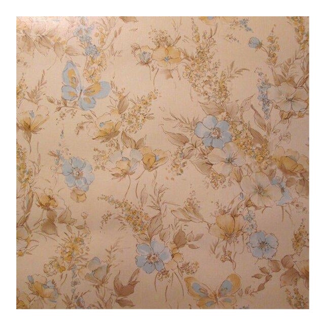 Vintage 1980s Blue and Beige Floral Motif Wallpaper For Sale
