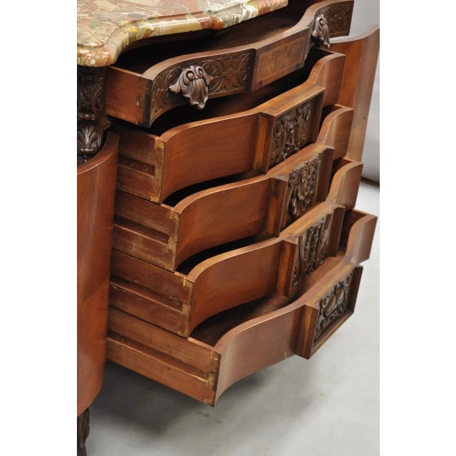 Antique French Louis XV Baroque Burl Walnut Marble Top Commode 5 Drawer Dresser For Sale - Image 11 of 16