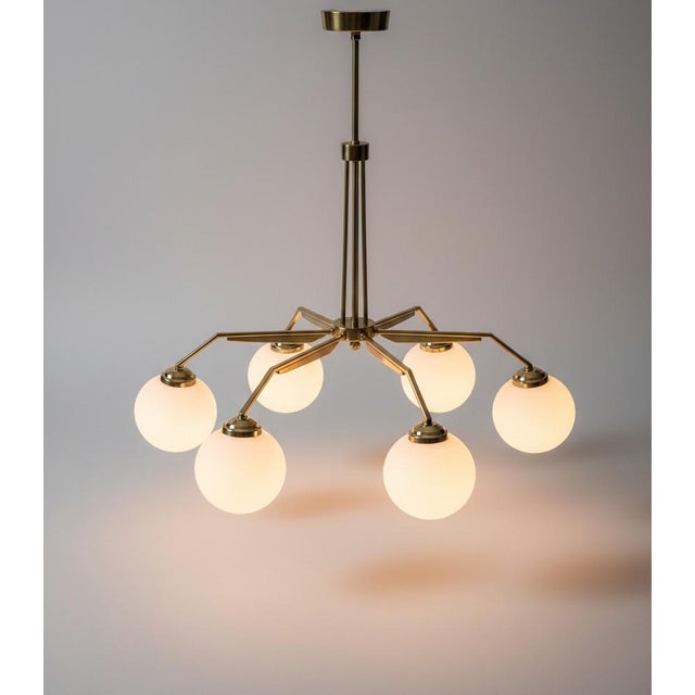 Metal Mid 20th Century Stilnovo Style Italian Brass Six-Light Chandelier With Opaline Glass Globes For Sale - Image 7 of 18