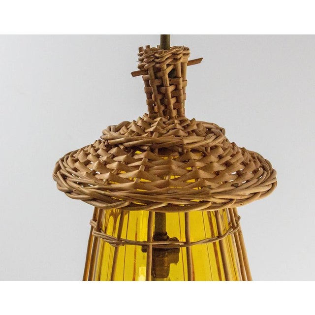 French Ceiling Pendant in Yellow Glass & Wicker Chandelier, 1970s For Sale - Image 4 of 10