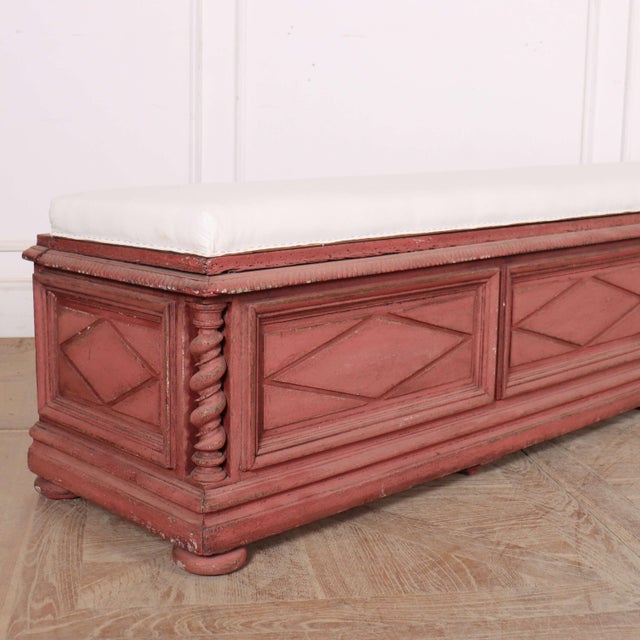 Late 19th C Italian painted and carved oak bench with lift up lid. 1890 The seat has been newly upholstered in Calico and...