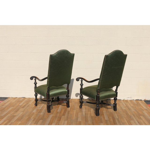 Pair of Antique High Back Throne Armchairs | Green Upholstery & Gold Monogram | Early 20th Century For Sale - Image 13 of 18