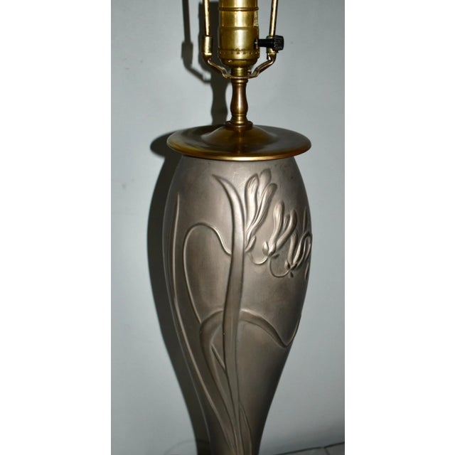 Vintage Art Nouveau Style Pewter Color & Brass Metal Table Lamp For Sale - Image 10 of 11