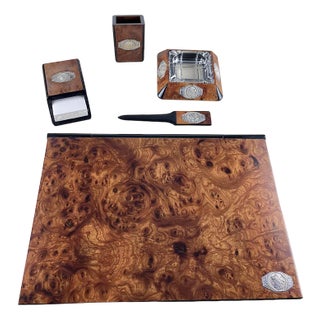 Desk Set in Walnut, Silver and Crystal, Italy, 1980s, Set of 5 For Sale