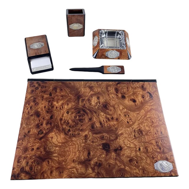 Desk Set in Walnut, Silver and Crystal, Italy, 1980s, Set of 5 For Sale