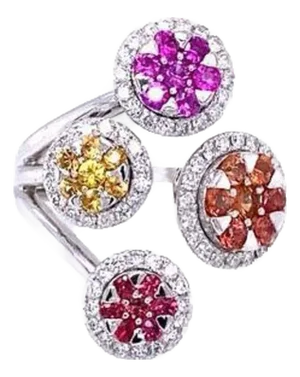 1.94 Carat Multi Color Sapphire Diamond White Gold Statement Ring, Size 7