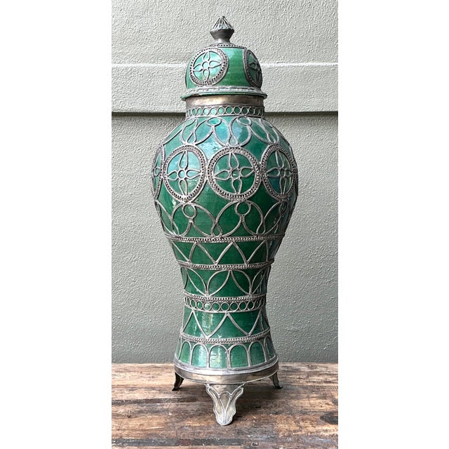 Late 20th Century Vintage Moroccan Glazed Ceramic Lidded Urn For Sale - Image 5 of 12