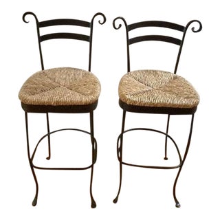 1980s Vintage Handcrafted Wrought Iron Bar Stools With Rush Seat - Set of 2 For Sale