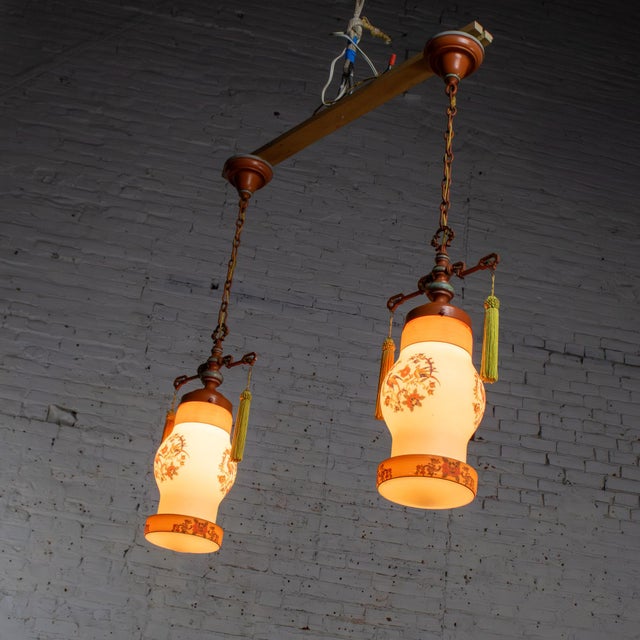 Early 20th Century Chinoiserie to Art Deco to Art Nouveau Pendant Lights Hand Painted Avian a Pair For Sale - Image 4 of 18