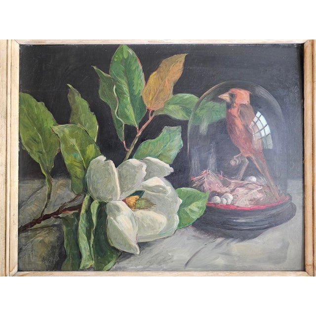 Mid-Century Modern Mid 20th Century Virginia Woolley Original Oil Painting Cardinal Under Glass With Magnolia Framed For Sale - Image 3 of 12