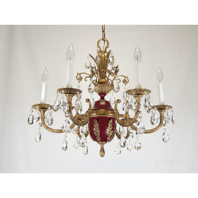Antique 6 Light Shimmering Oxblood Empire Brass Cut Lead Crystal Chandelier ~ Rewired ~ Restored ~ Rejuvenated ~ Ready to Hang ~ For Sale - Image 11 of 12