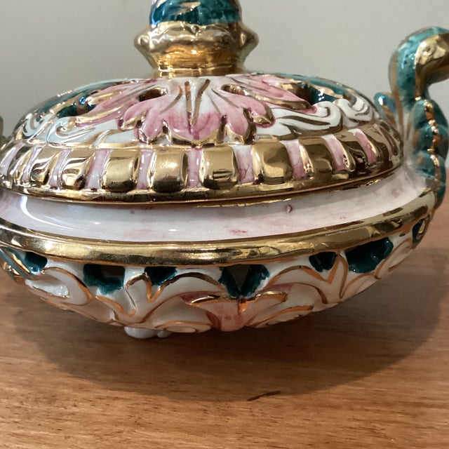 Ceramic Vintage Majolica Capodimonte Italy Dish & Cover 363/502 Adorable Color Palette Golden Rim and Details For Sale - Image 7 of 12