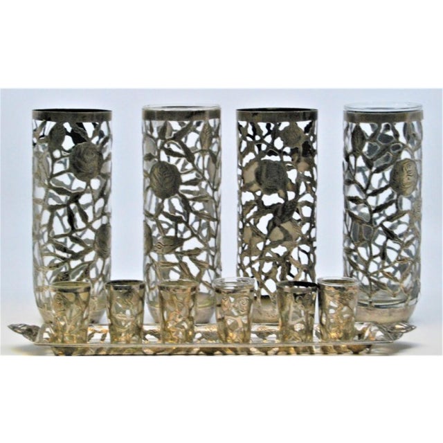 Silver Glass Cups with Cut-Out Silver Application and Tray with Trim, Set of 10 For Sale - Image 8 of 10