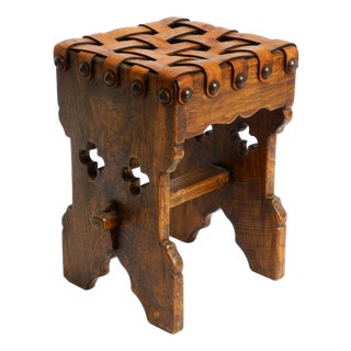Vintage Oak Stool with Seat in Leather Straps, 1940s For Sale