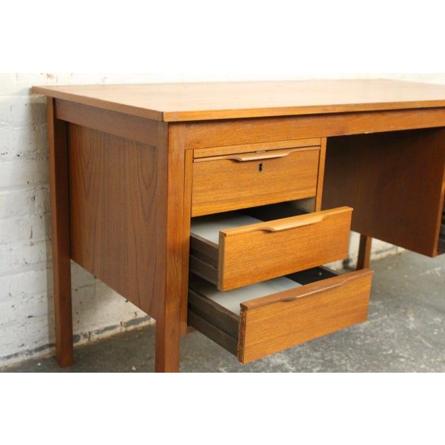 Vintage Mid-Century Modern Six Drawer Teak Writers Desk For Sale - Image 13 of 18