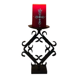 Jan Barboglio Hand-Forged Iron Pillar Candle Holder With - Rustic Spanish Style For Sale