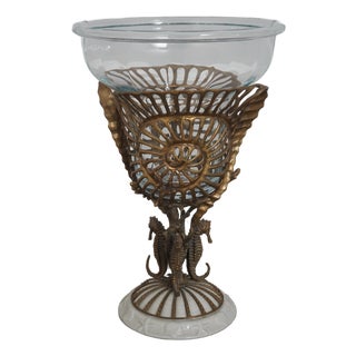 1990s Castilian Bronze & Porcelain Seahorse Design Center Piece For Sale