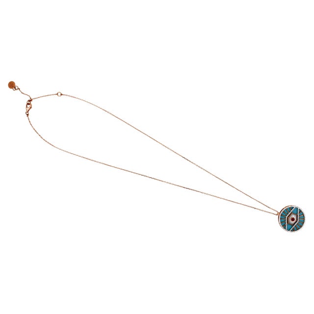Diamond Halo Evil Eye Turquoise 18k Rose Gold Pendant Charm Medallion Necklace For Sale In Washington DC - Image 6 of 18