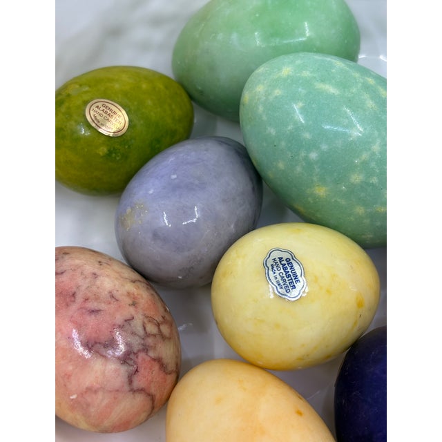 Ceramic Vintage Majolica Style White Cabbage Bowl With Colorful Alabaster Eggs Made in Italy- Set of 11 Pieces For Sale - Image 7 of 12