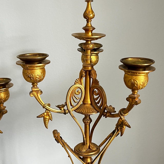 Pair of large antique 3-arm gilt bronze candelabra with black marble // Empire candle holders // black and gold // Napoleon III style For Sale - Image 14 of 15