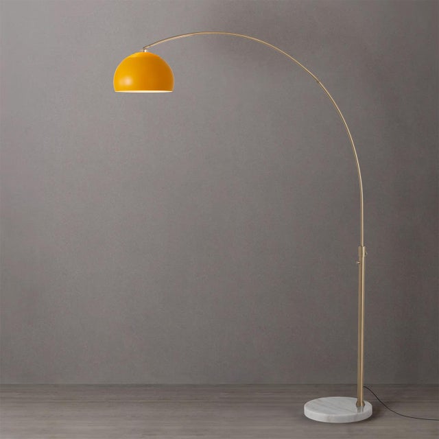 Nova Half Dome 92" Arc Lamp, Mid-Century Modern, Weathered Brass, Mustard Shade, Marble Base, Dimmable For Sale - Image 4 of 7