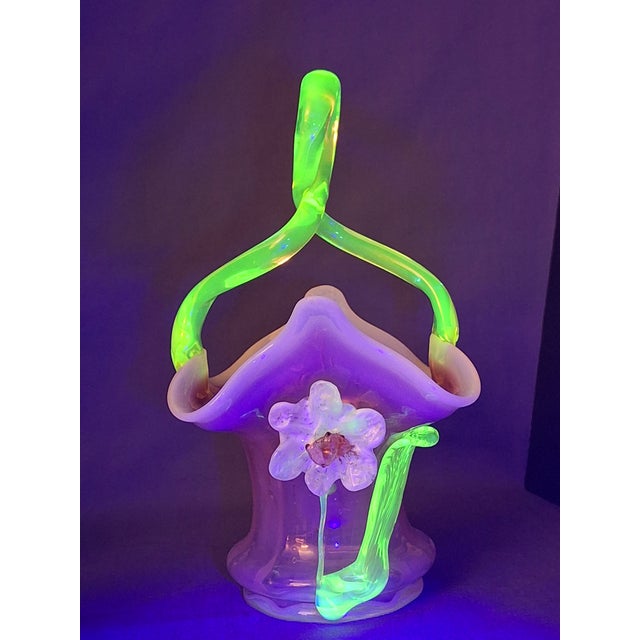 Antique Stevens & Williams Art Glass Basket - Pink Opalescent Cased Glass - Applied Flower & Stem - Uranium Vaseline Glass Handle - Circa 1880s For Sale - Image 14 of 18